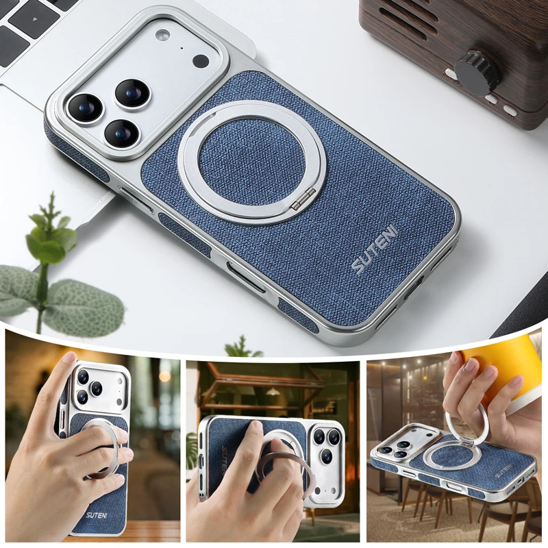 Fashion Magnetic Denim Pattern PU Leather Phone Case with 360° Rotating Ring Bracket