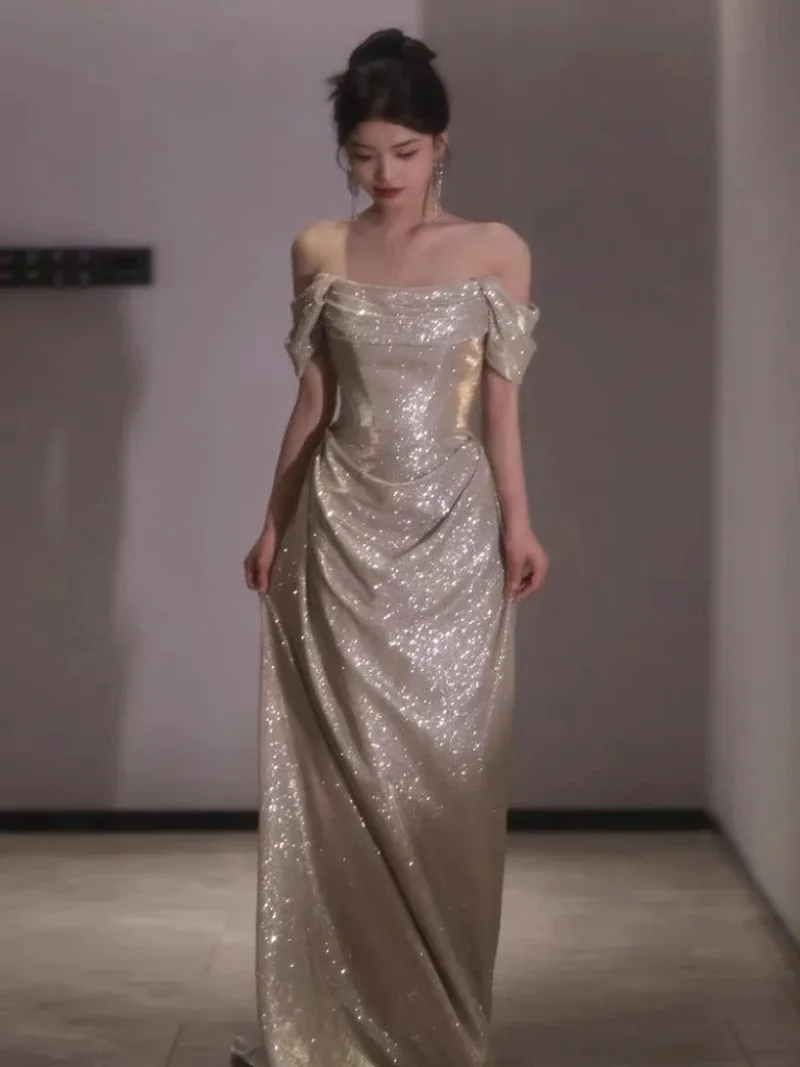 Luxury Ruched Mermaid Sleeveless Sexy Sequins Evening Dress Banquet Light Fishtail Long Host Ceremony Party Prom Gown evening dresses