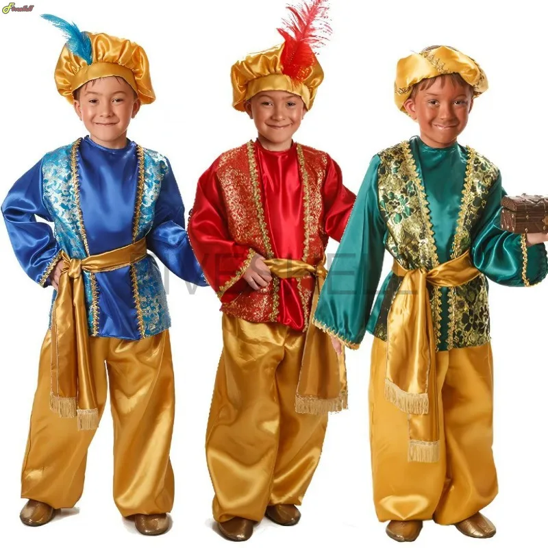 Kids Boys Arabian Prince Cosplay Costume Long Sleeve Gold Trim Bodysuit with Cape for Halloween Festival Themed Party Dress Up