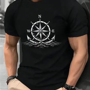 T-shirt grafica da uomo con ruota di nave con bussola nautica - T-shirt bianca marittima in tessuto lavorato a maglia traspirante per abiti formali casual