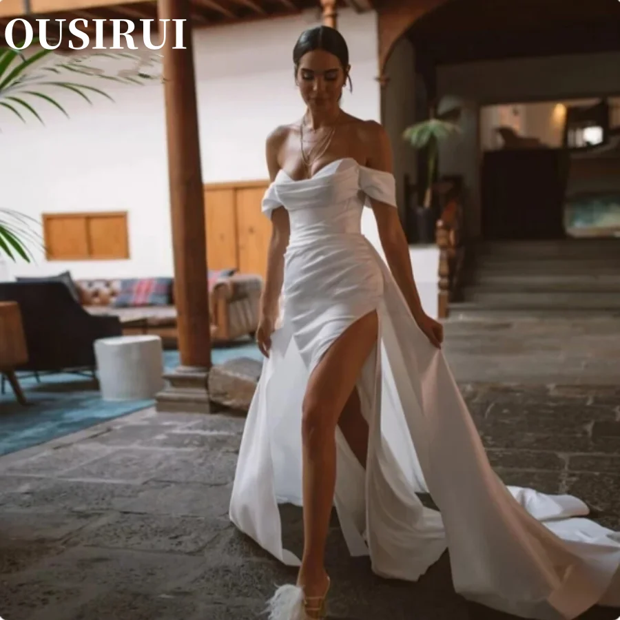 

Wedding Dresses Off Shoulder A-Line Floor Length Simple Mermaid Gorgeous Satin Backless High Split Exquisite Bridal Gowns