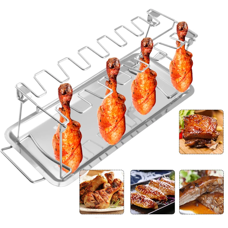 Stainless Steel Chicken Wing Leg Rack Grill Holder Rack with Drip Pan for BBQ Multi-Purpose Chicken Leg Oven Grill