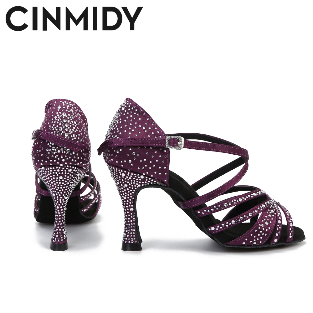 CINMIDY Latin Dance Shoes Woman Satin Rhinestones Soft Bottom Party Dance Shoes Salsa Dancing Shoes Ladies Wedding Sandals 7.5cm 5