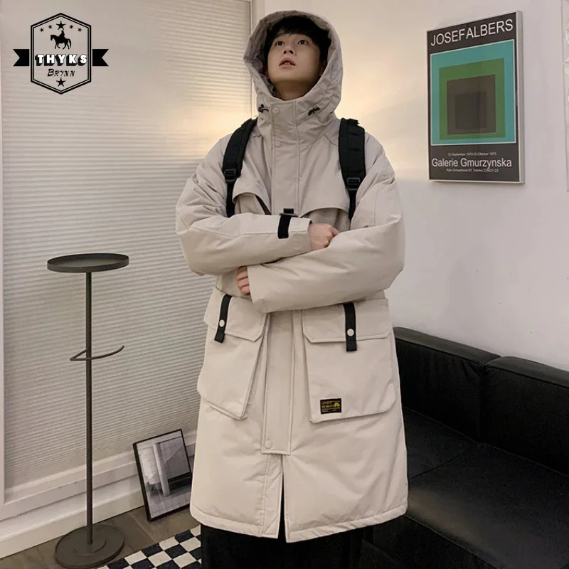 

Winter Thickened Warm Hooded Down Jacket Mens High Quality Fashion Loose Korean Windproof Mid Length White Duck Coats Male
