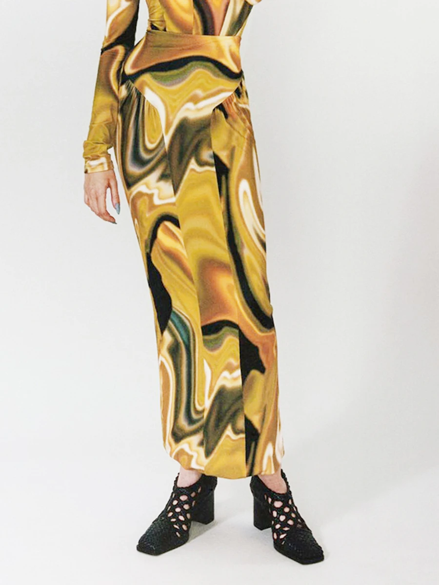 

Женская облегающая юбка с принтом, прямая юбка средней длины контрастных цветов с высокой талией и рюшами, лето-осень