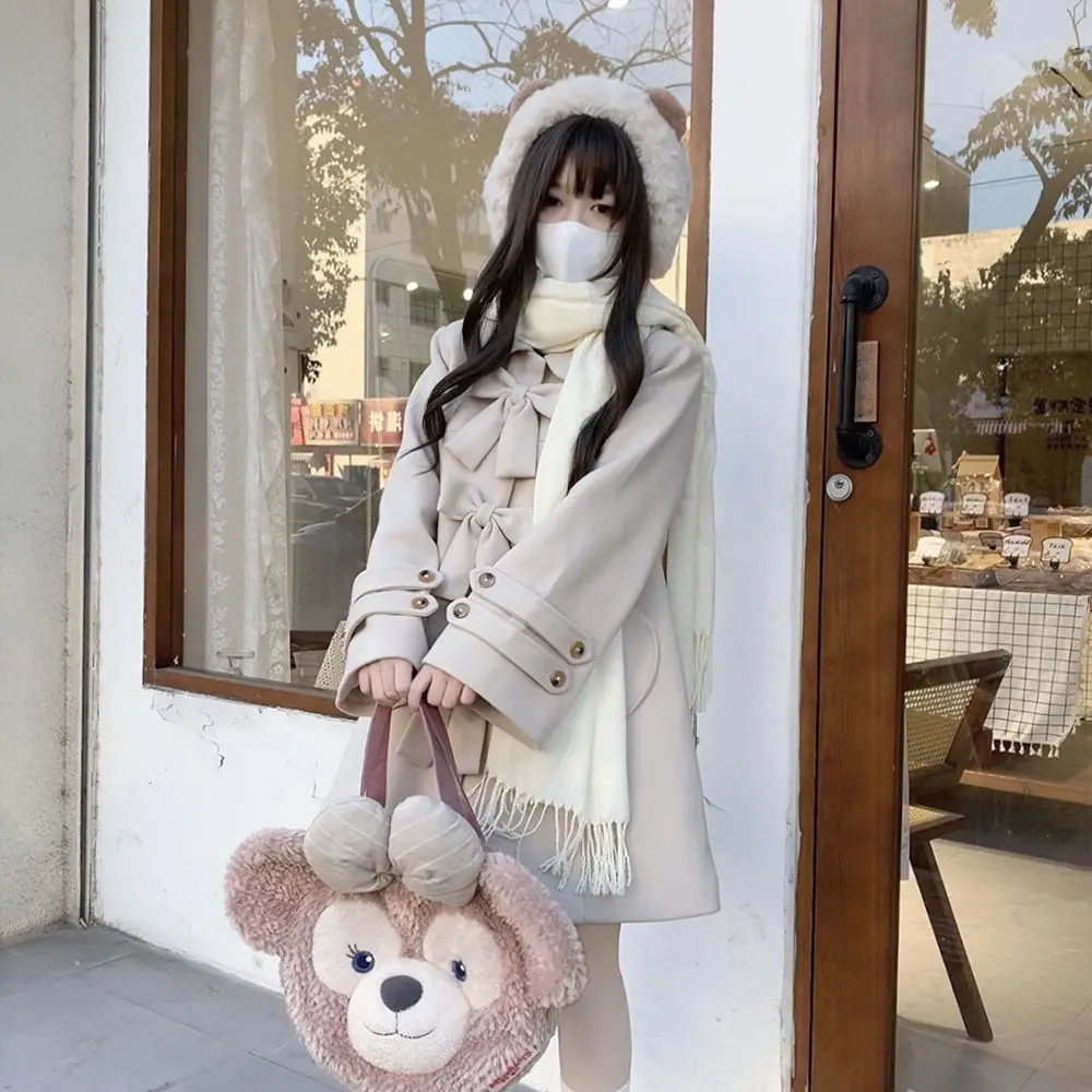 Japan JK Woolen Sweet Bow Coat Women Love Plush Spliced Fashion Navy Collar Academy Temperament Solid Loose College Winter
