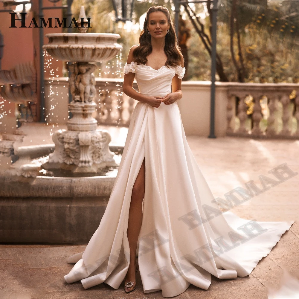 

HAMMAH Delicate Off The Shoulder Wedding Dresses 3D Appliques Sweetheart Slit A Line Satin Court Train Abito Da Sposa Customised