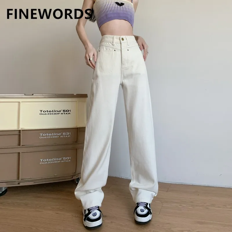 

FINEWORDS Vintage Casual High Waist Korean Loose White Jeans Women High Waist Streetwear Wide Leg Jeans Fashion Solid Trousers