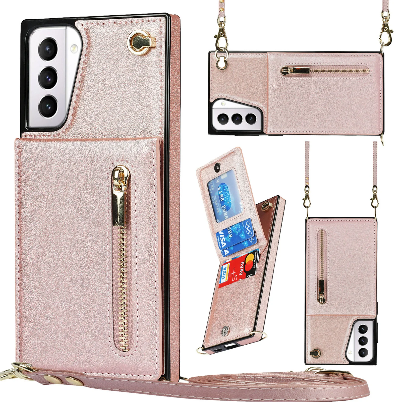 Zipper Wallet Crossbody Leather Case with Card Holder and Lanyard