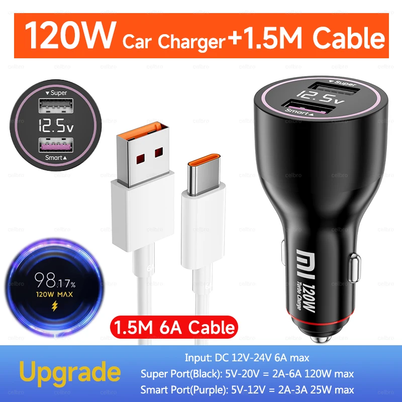 120 واط Xiaomi USB نوع C شاحن سيارة 67 واط 6A تورب...