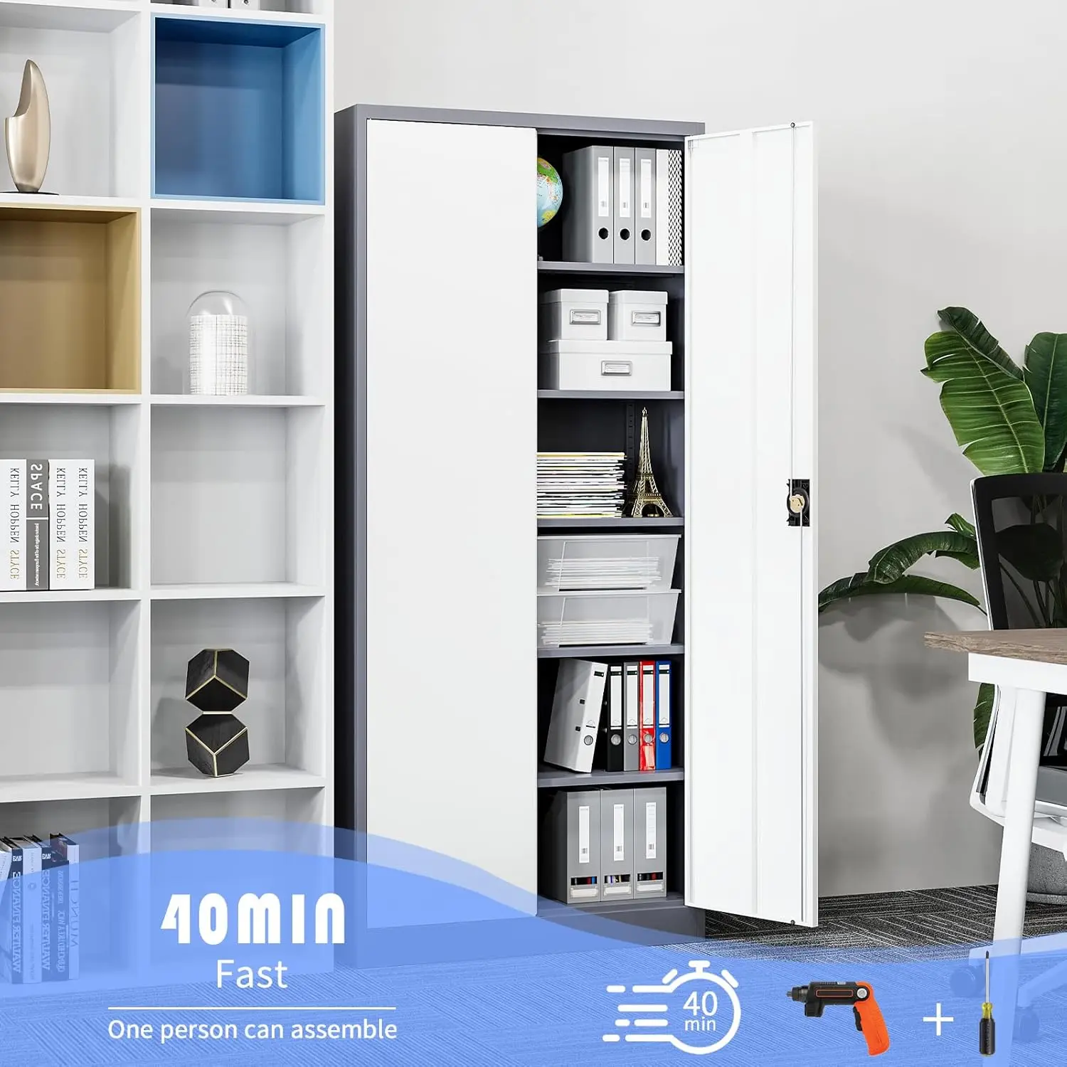 Yizosh Metal Garage Storage Tool Cabinet with Lock 71" Locking 2 Doors 5 Shelves Tall Steel Heavy Duty File Gray White 4
