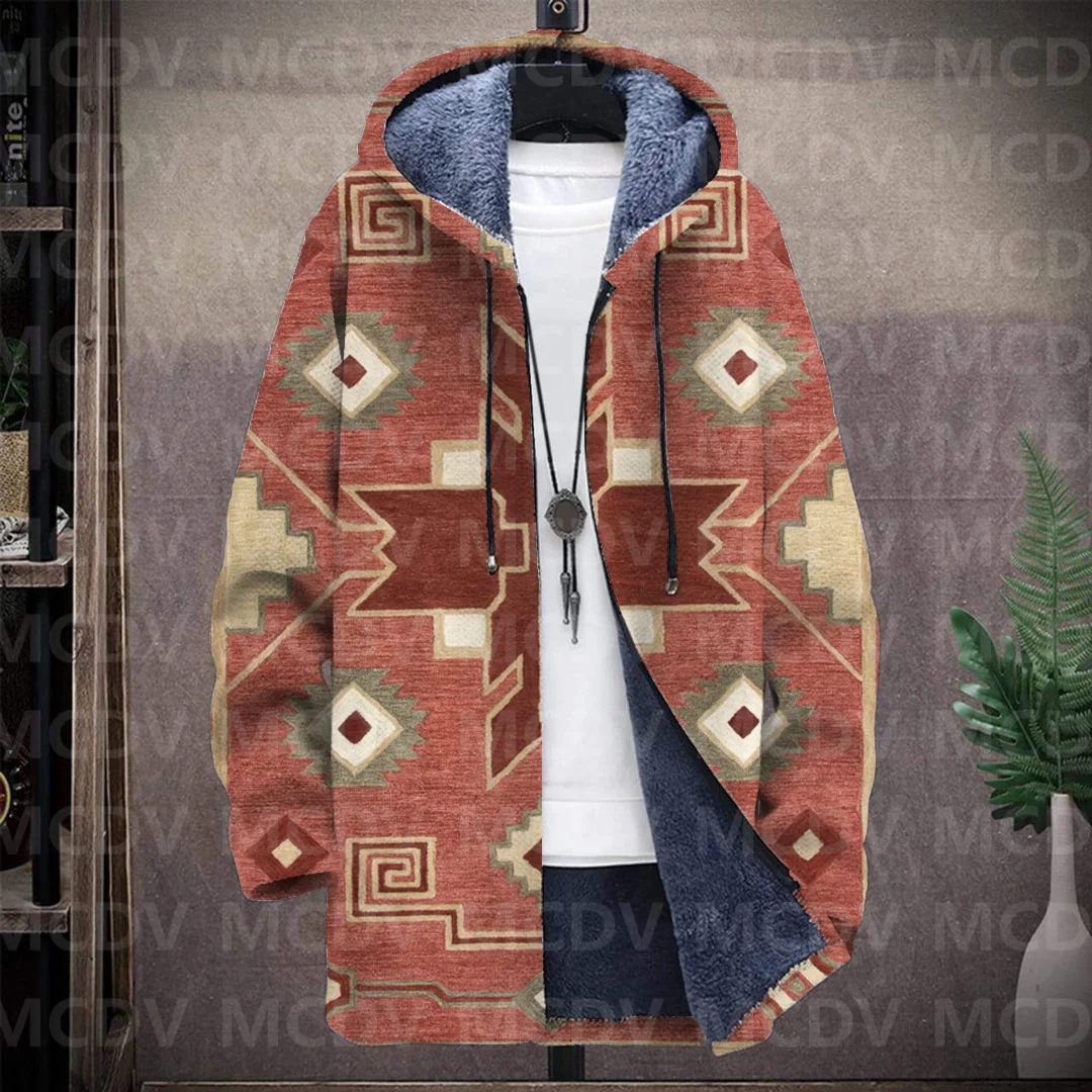 Men's Retro Totem 3D Printed Plush Thick Long-Sleeved Coat Fleece Hooded Overcoat Unisex Thick Warm Jacket