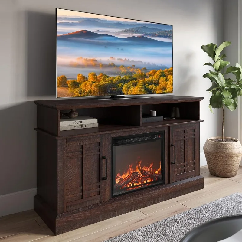 

48" TV Stand with 18" Electric Fireplace Heater, Modern TV Stand for TVs up to 50", Entertainment Media Stand with Open Shelves