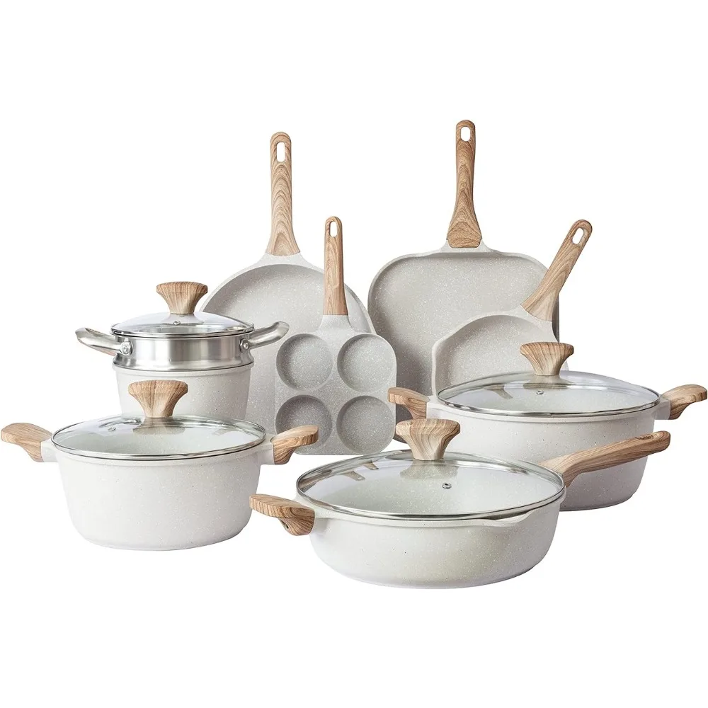 

Induction Cookware Sets - 13 Piece Nonstick Cast Aluminum Pots and Pans With BAKELITE Handles Glass Lids -Cream Set Kitchen Bar