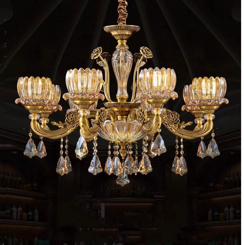 

French Copper Crystal Chandelier Modern Luxury Hotel Lobby Villa Banquet Hall Living Room Brass Candle Pendants Home Decoration