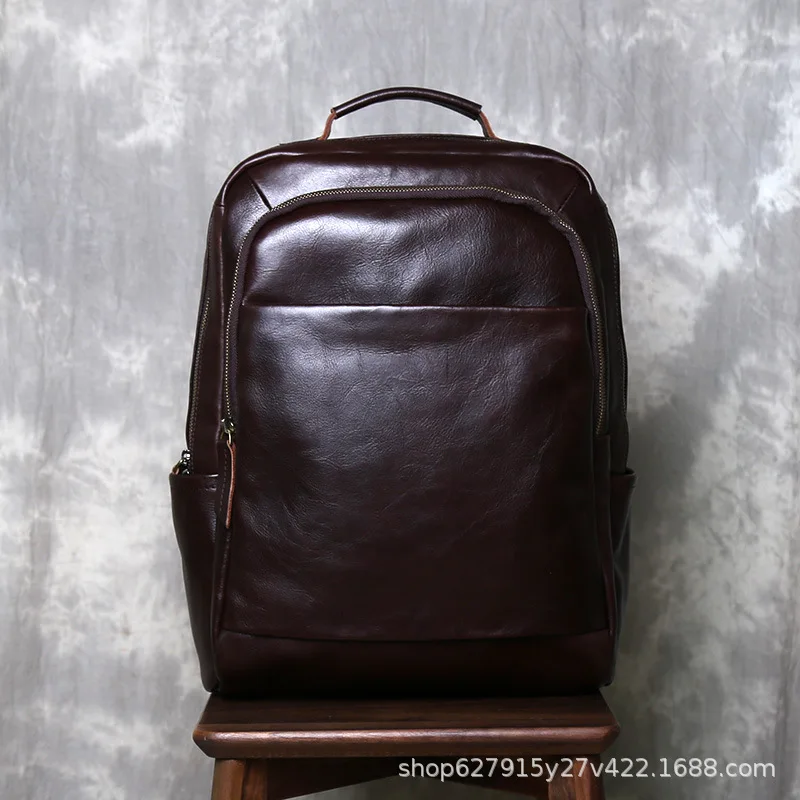 New Men's Full-Grain Leather Backpack Large Capacity Travel & Business Laptop Bag, Durable Anti-Theft Design with Water-Resis