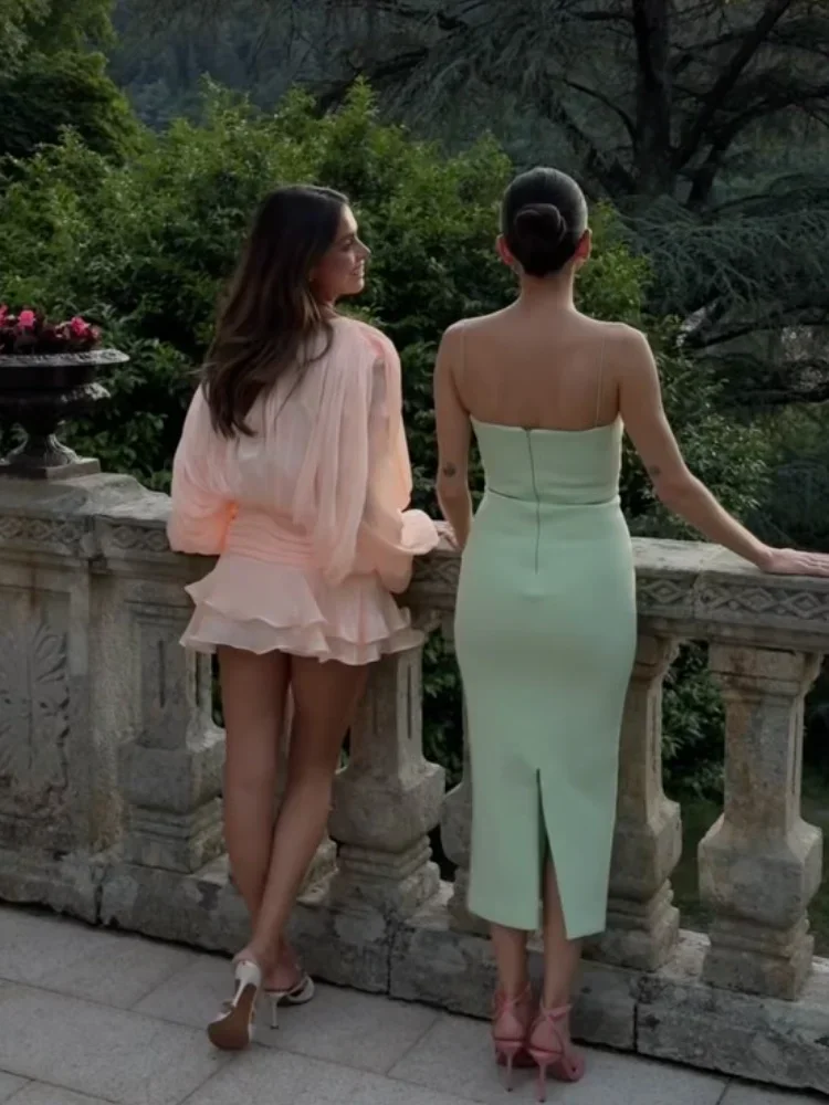 Elegant Pink pleated Mini Dresses Women A-line Bubble sleeve Lace Up Party Short Vestido 2025 New Dinner Lady Night Summer Gown 3