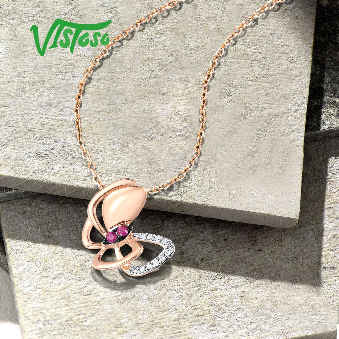 VISTOSO-14K 585 로즈 골드 나비 펜던트, limpid 블루 토파즈 샤이니 다이아몬드 러블리 펜던트 기념일 고급 주얼리