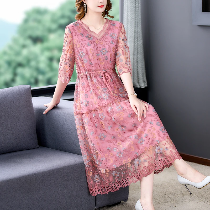 

Women's Pink Embroidered Floral Natural Silk Midi Dress Summer Ruffle Neck Cutout Sexy Dress Korea Elegant Vestidos