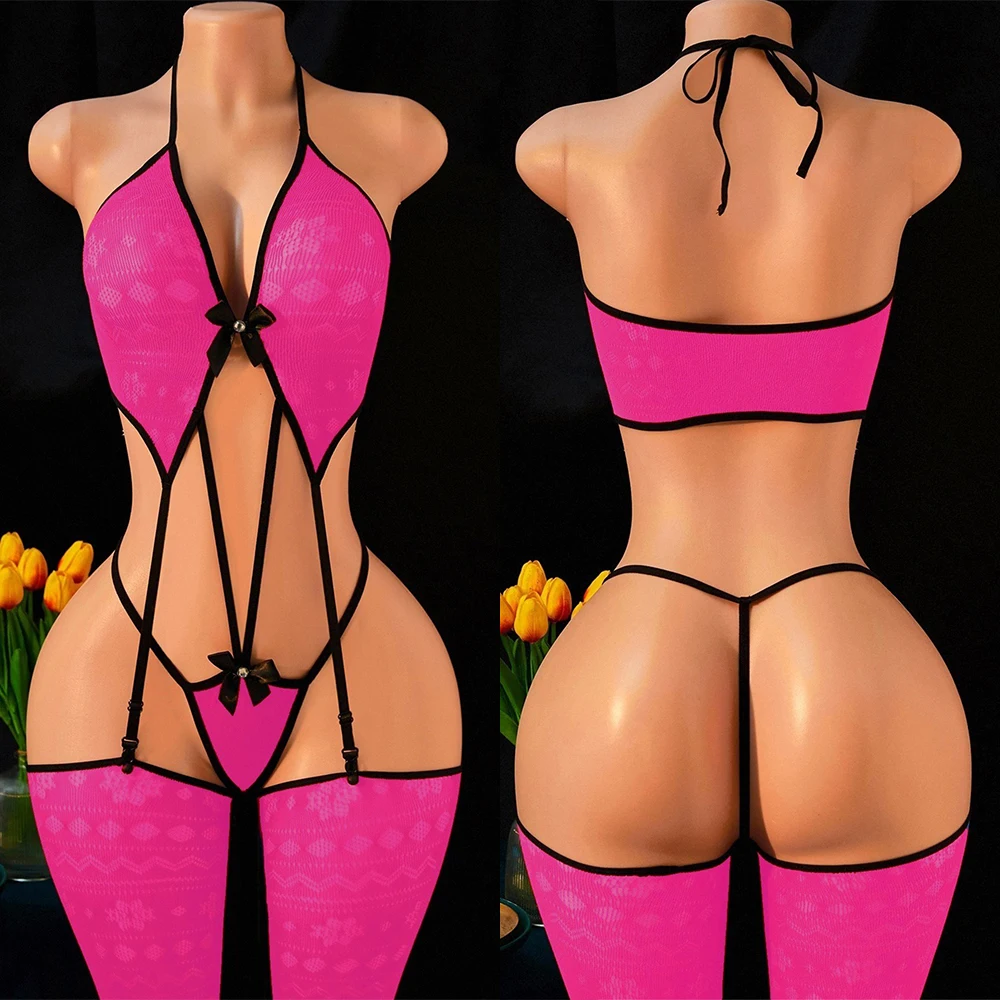 FHSEER  2 Pieces Sexy Fishnet Lingerie Set for Women Sexy Women Open Buttocks Stocking  Fishnet Bodystockings Garter