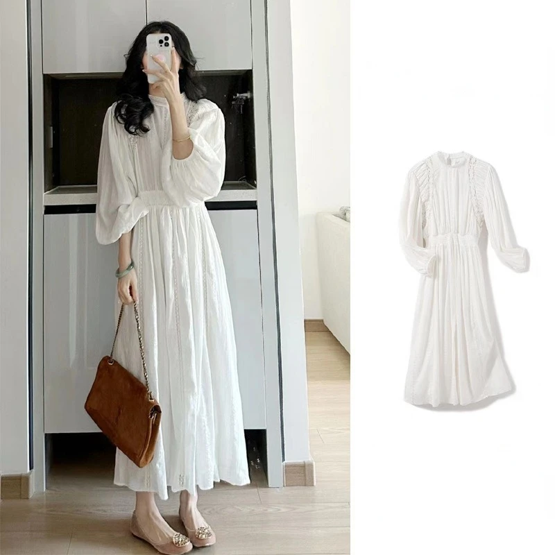 

New Spring Summer Long Sleeved White Dress Women Summer Elegant Lady Midi Dress Korean Fashion Casual Chic Women Dresses