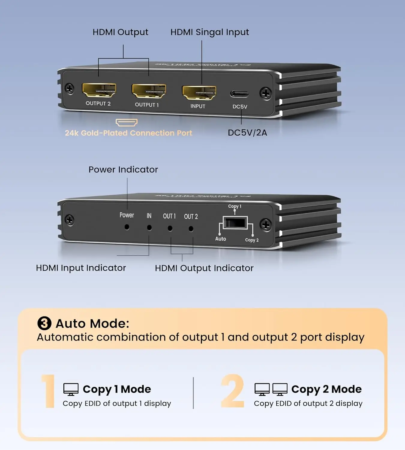 1 in 2 Out 4K 240Hz HDMI Splitter 8K Audio Splitter HDMI 2.1 Cable Adapter 1x2 F