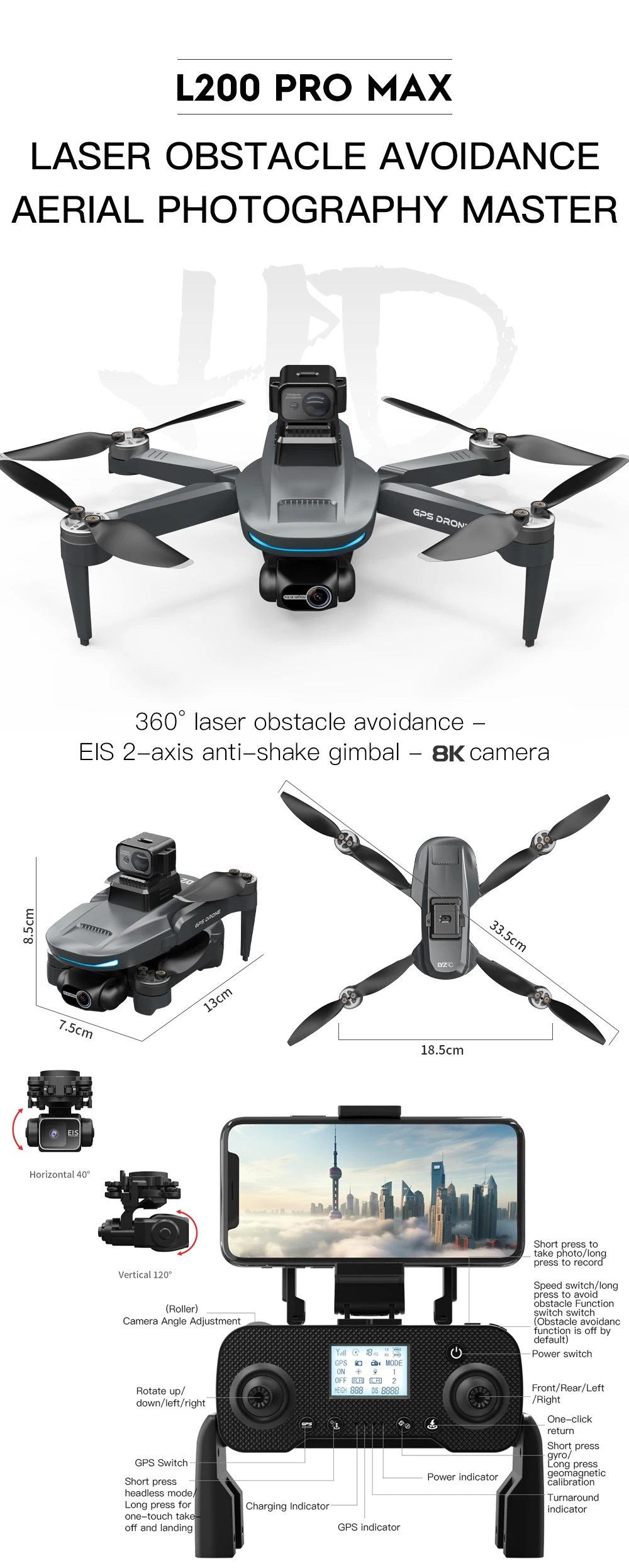 Description Picture 2 of itemL200 PRO MAX Professional Drone 8K HD Dual Aerial Camera FPV 2-Axis Gimbal Brushless Helicopter Obstacle Avoidance RC Quadcopter