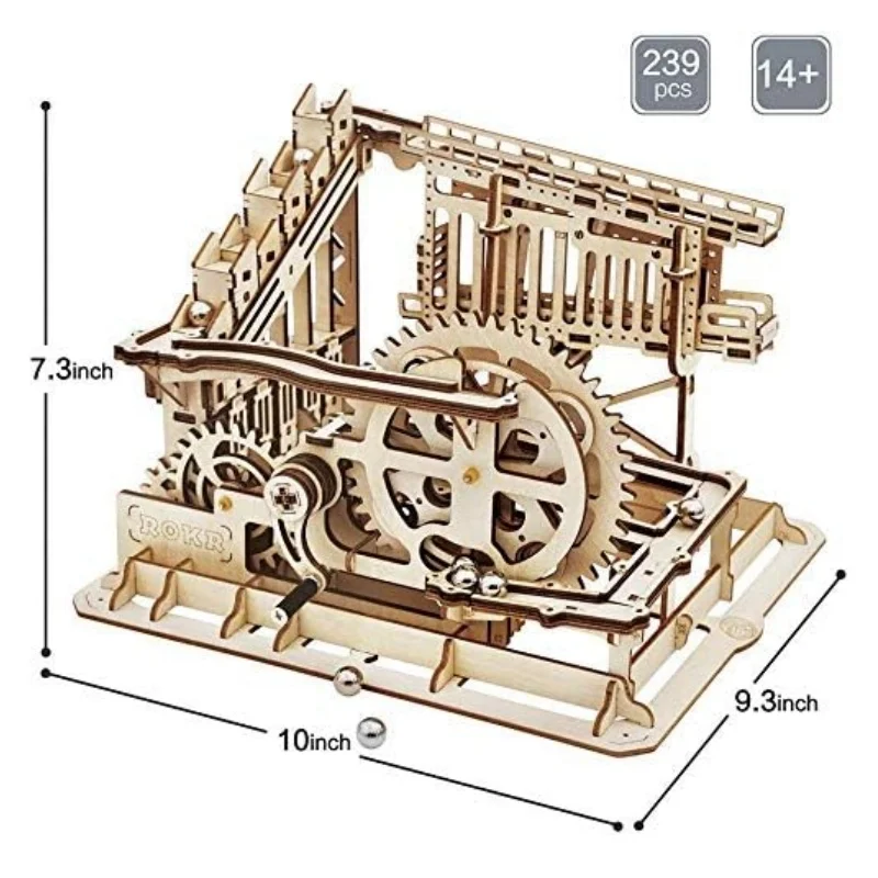 ROKR 3D Wooden Marble Run Puzzle – Build Your Own Waterwheel Roller Coaster (254 Pieces)
