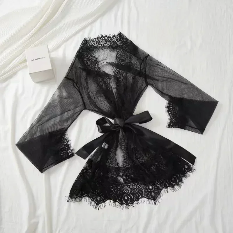 Women Robes Pajamas Sleepwear Nightdress Underwear L XL XXL White Black Red Lace Thin See Through Gauze Girdle women dress women sleepwear silk robe