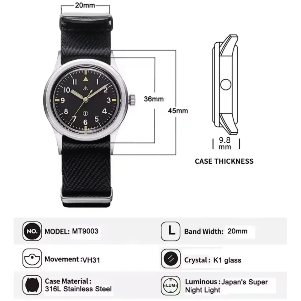 MILITREK MT9003 Men Quartz Watch VH31 36mm Military Field Outdoor