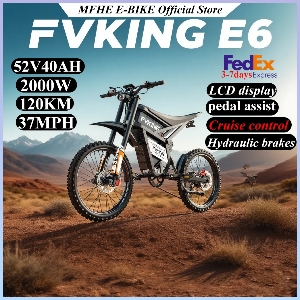 Electric bike Fvking with cruise control, 2000W waterproof motor, dual 52V batteries, 25" off-road tires, 37MPH