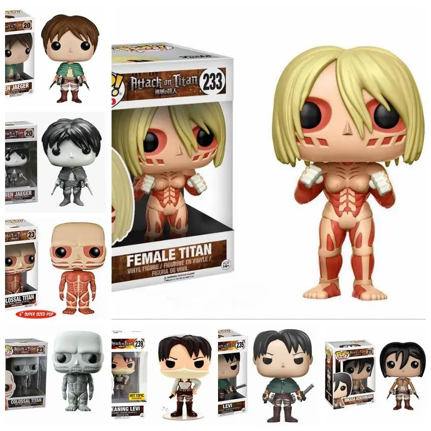 Funko Pop Japan Anime Attack On Titan Colossal Titan #23 Titan Femminile #233 Levi #235 Mikasa 21 # Eren 20 # Figure Collection Toys