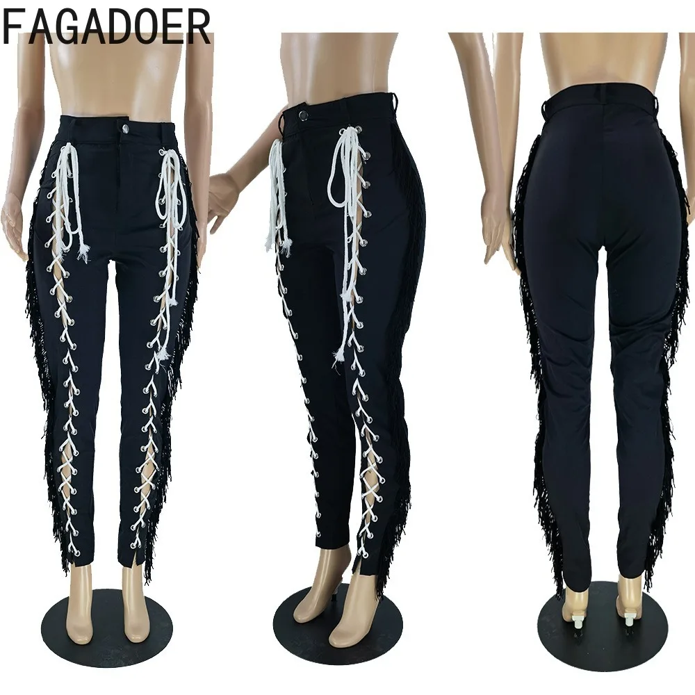 FAGADOER Lace-up Bandage Patchwork Women High Waist Long Pants Y2k Fashion Streetwear 2024 Spring Tassel Pockets Trousers Women