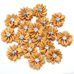 Elegant Handmade Satin Ribbon Flowers with Rhinestone Accents - Set of 20 Decorative Pieces for Clothing and Crafting (Gold)