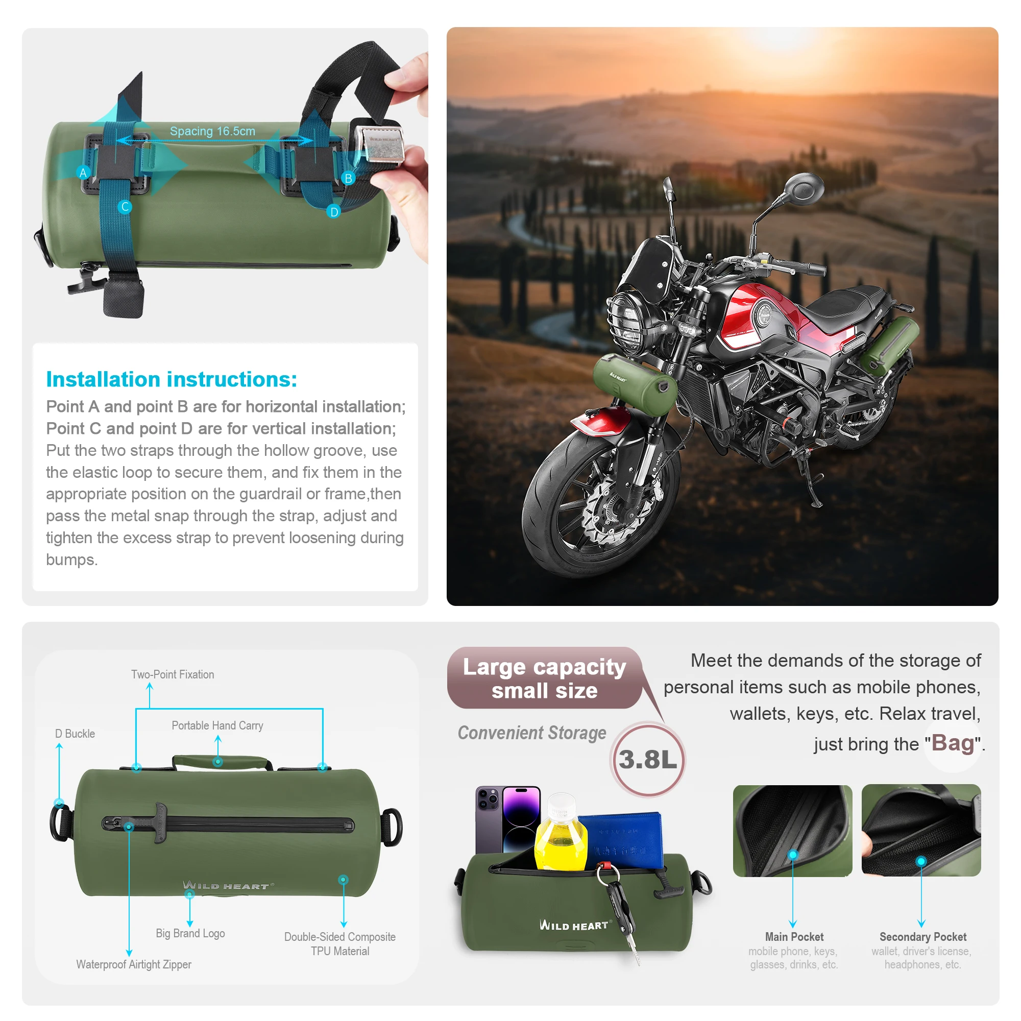 WILD HEART Borsa da manubrio per moto Borsa piccola per moto Borsa laterale impermeabile con tracolla compatibile con Mini Bike Trave - immagine 6