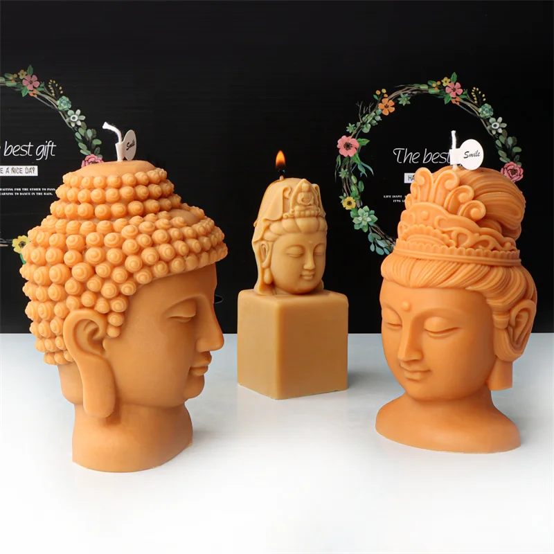 Buddha Head Silicone Mold Handmade Avalokitesvara Buddha Head with Base Gypsum Resin Mould DIY Chocolate Ice Cube Baking Mould