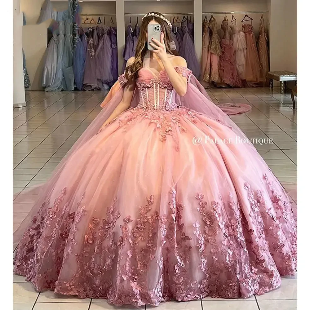 ANGELSBRIDEP Pink Ball Gowns Quinceanera Dresses With Cape 3D Lace Appliques Beading Corset Vestidos De XV Anos Customized