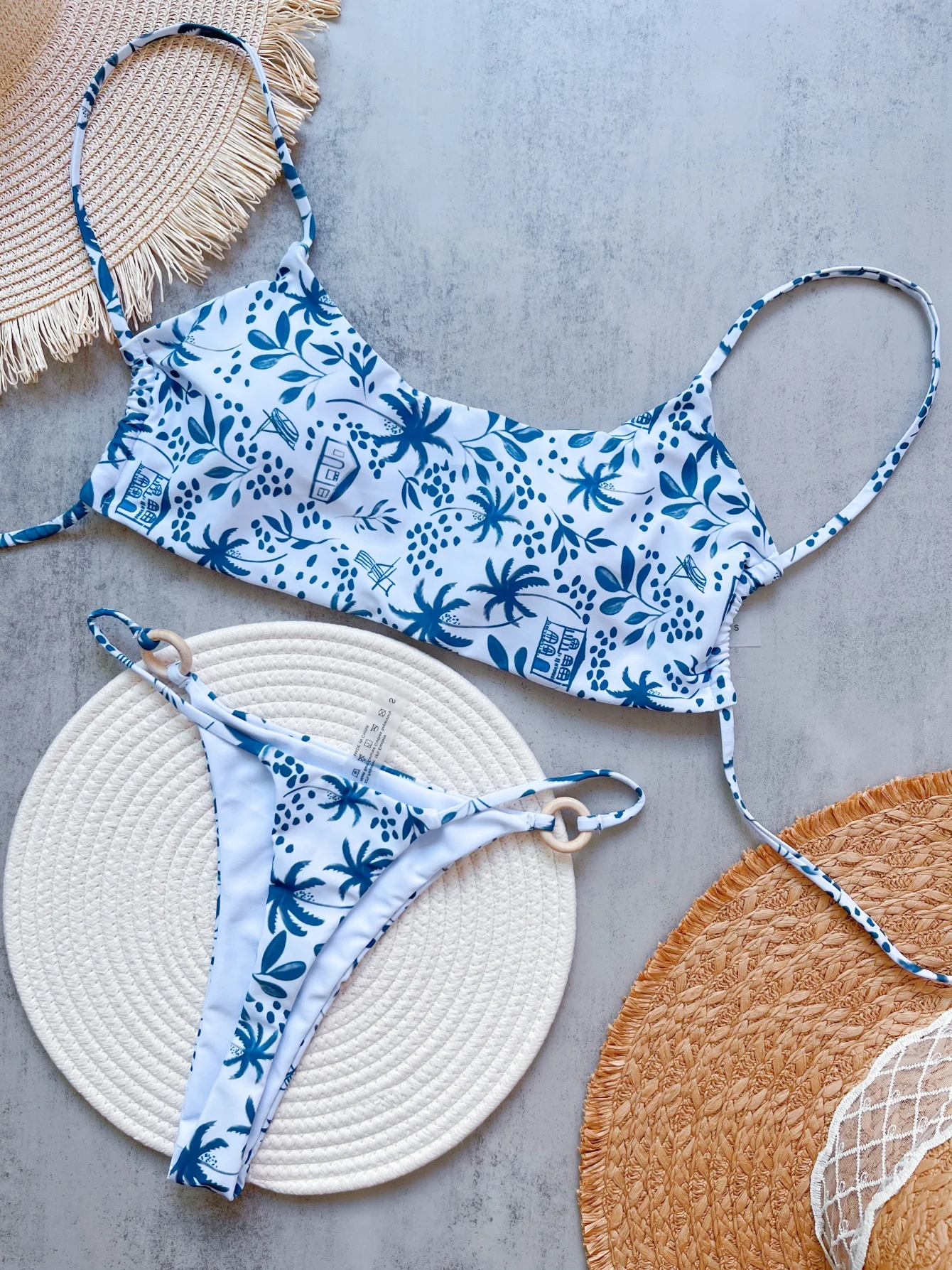 RUOTONGSEPT Women Swimsuit Knitted Bikini Set Sexy Blue White Print Split Swimsuit Bikini Brazilian Triangle Swimwear