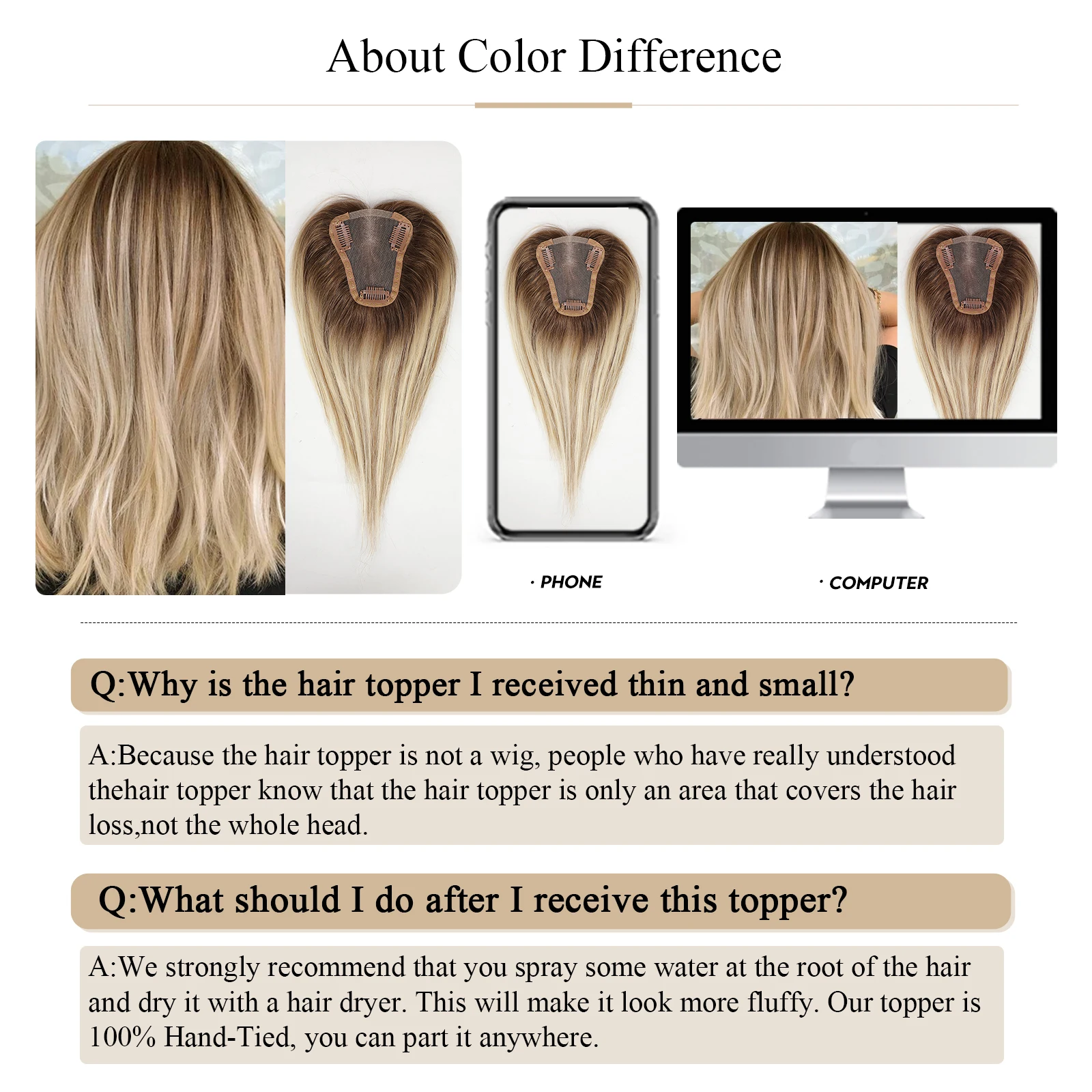 100% Remy Human Hair Toppers Ombre Light Brown Blonde Middle Part Human Hair Pieces for Women with Thinning Clip in Toppers