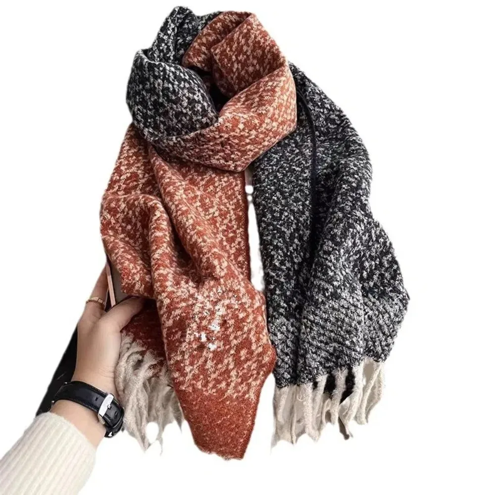 Acrylic Fibres Gradient Knitted Scarf Warm Soft Contrast Colored Thick Shawl Starry Sky Pattern Stole Double-sided Tassel Scarf