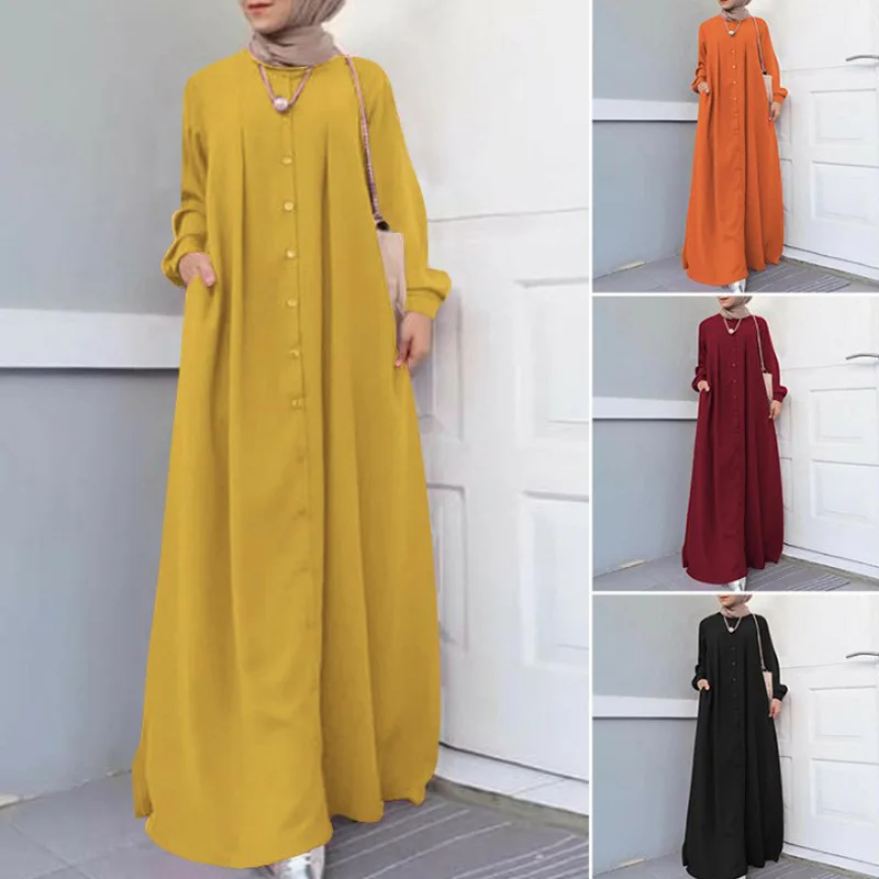 

Women's Monochromatic Lapel Neck Long Sleeve Kaftan Dress, Islamic Abaya, Muslim Sundress, Women's Fashion, Abaya