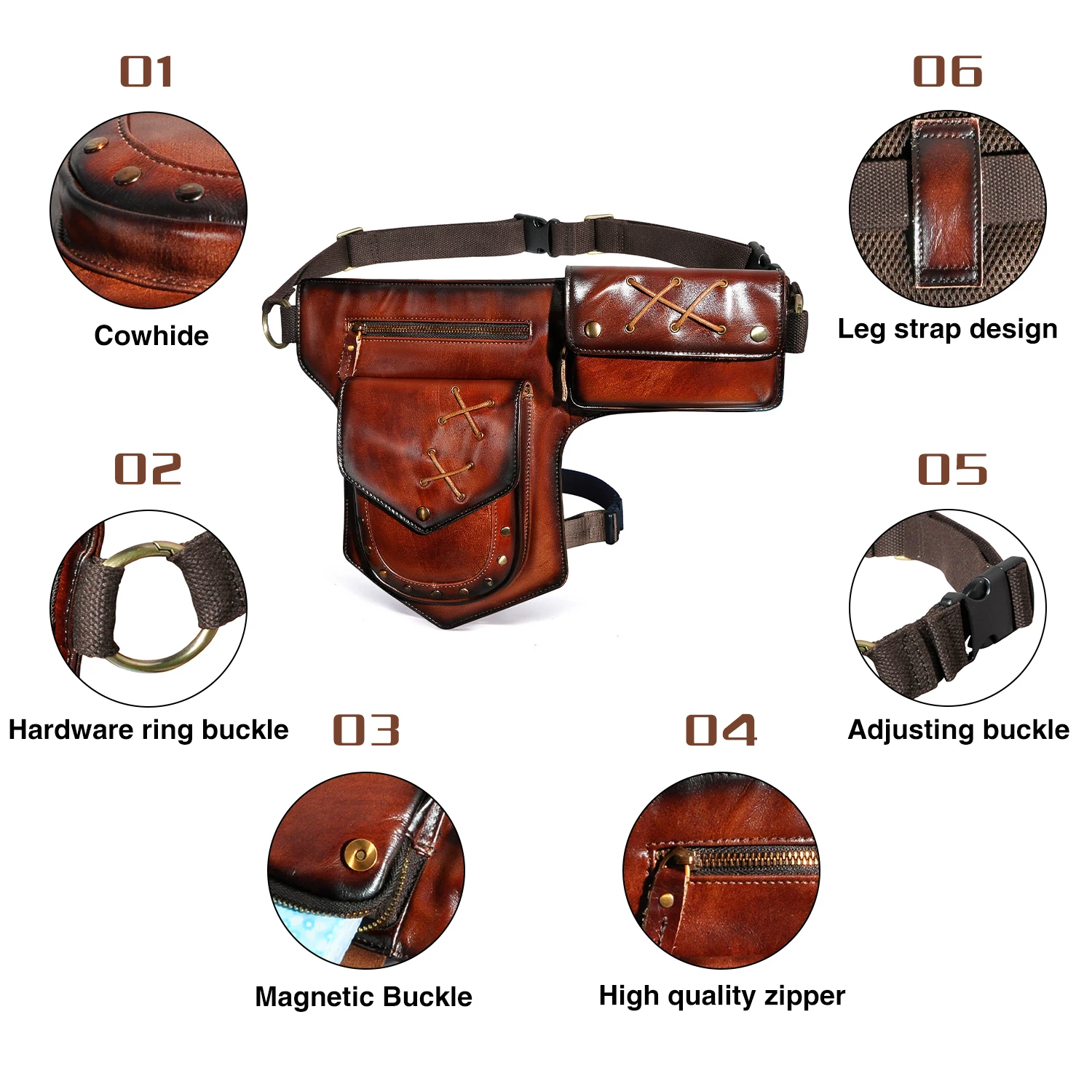 Real Leather Fashion Messenger One Shoulder Bag Design Travel Fanny Waist Belt Pack Drop Thigh Leg Bag For Men Male 211-8r