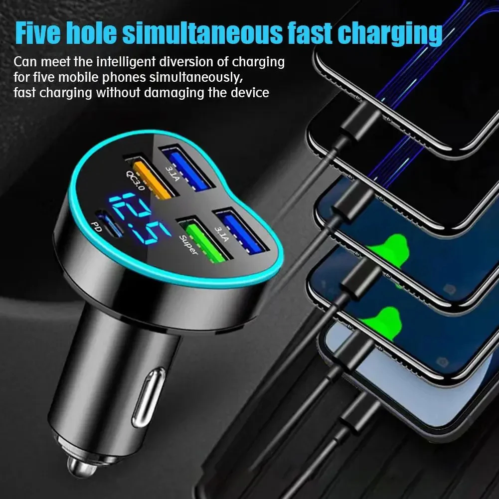 

Universal 12V-24V 66W PD Fast Car Charger QC3.0 With USB 5 Ports Adapter For Mobile Phone LED Display Screen 4 USB