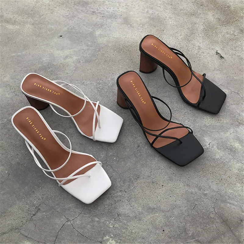 Wood Heel Slipper Women Sandals Vintage Square Toe Narrow Band High Heel Shoes 