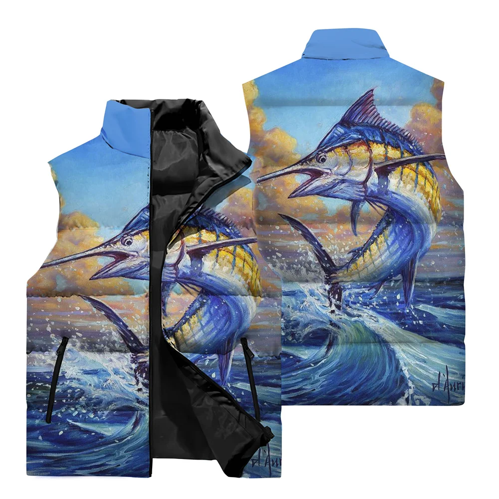 thumbnail image 1 of Chaleco sin mangas con estampado de pesca en 3D para deportes al aire libre, pesca salvaje, resistente al viento, cálido, con cuello alto y cremallera, ropa para hombre, 1 of 5