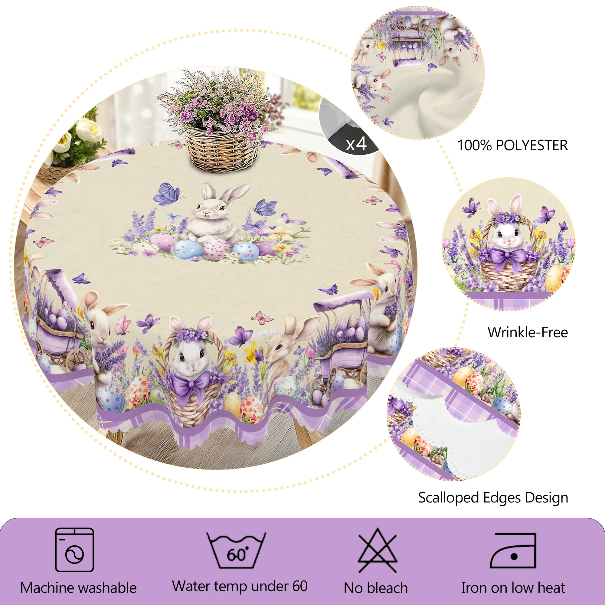 1 Piece Easter Round Decorative Tablecloth Table, 5 Sizes Available, Easter Bunny Egg Lavender Plaid Printed Tablecloth, Edge Embossing Process, Spring Garden Tablecloth Decoration, Tablecloth for Daily Home Kitchen, Terrace Use, Easter Decoration 5