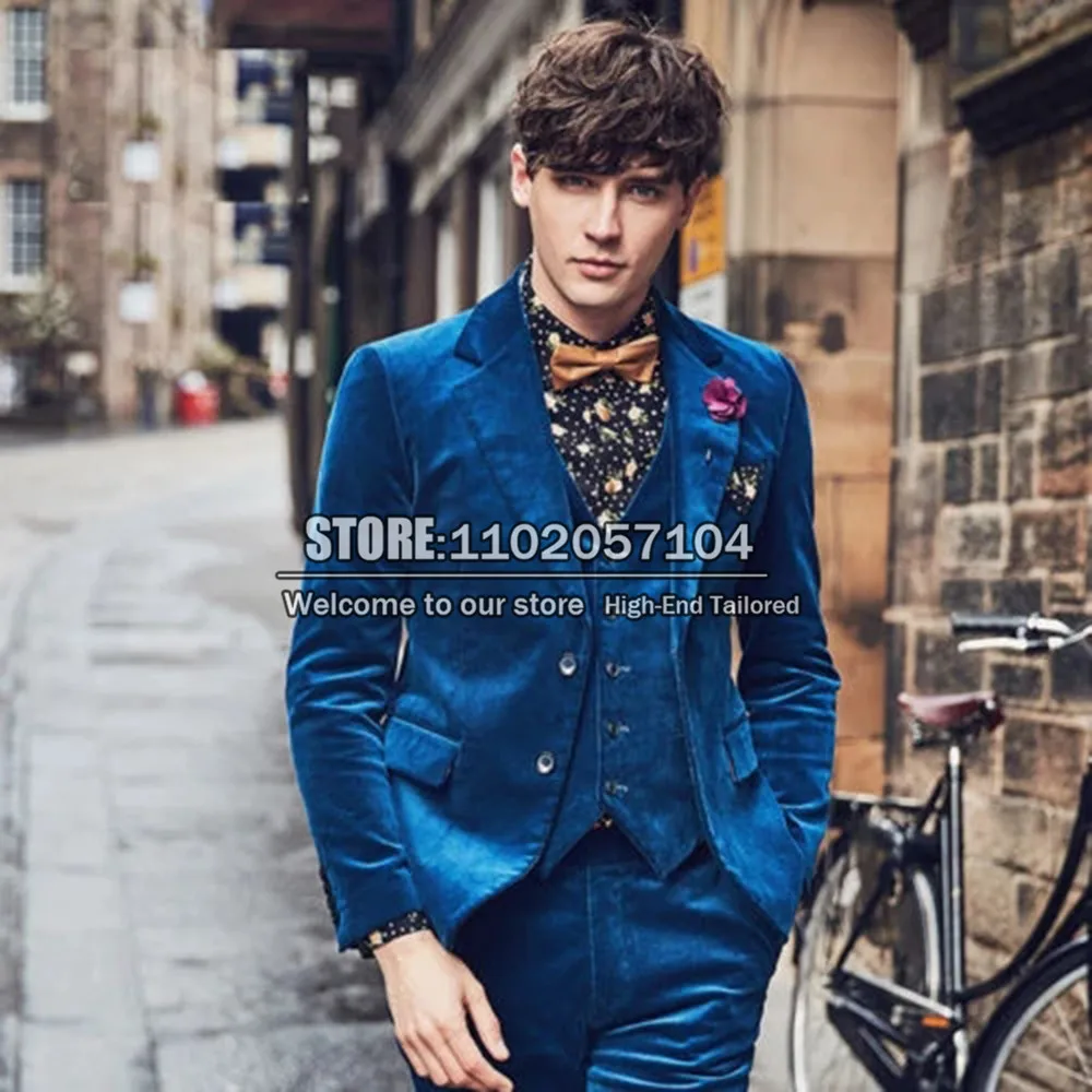 

Spring/Autumn Men Suits Royal Blue Velvet Jacket+Vest+Pants 3 Pieces Formal Wedding Tuxedo Tailor-Made Costume Homme Marriage