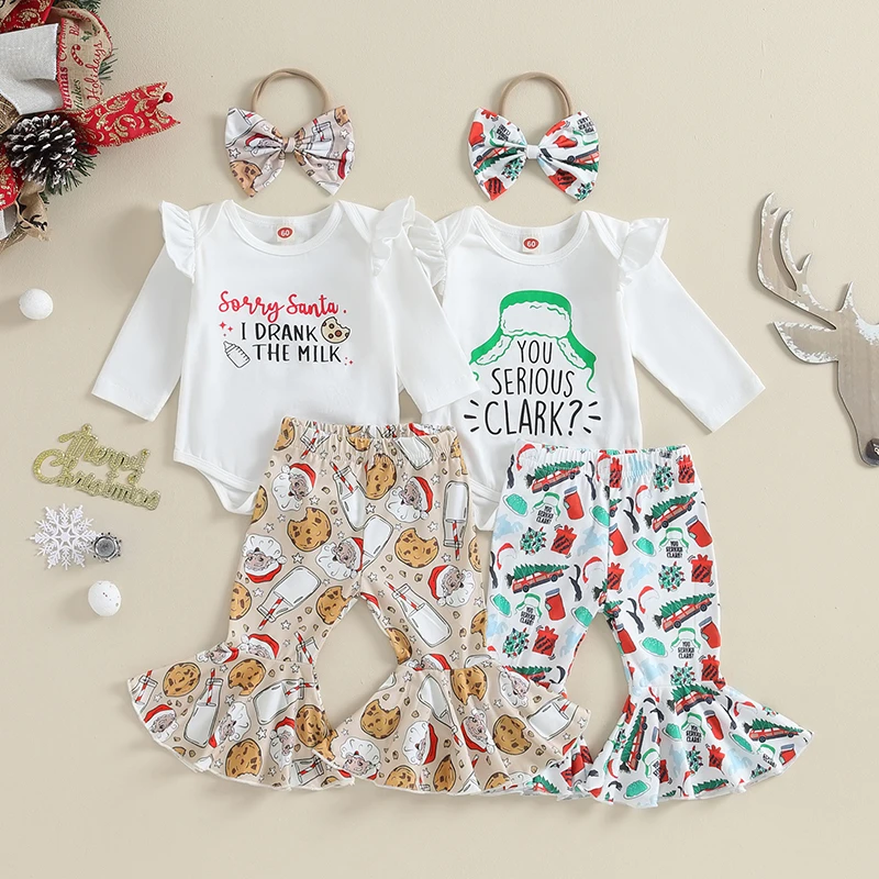 

Newborn Baby Girls Christmas Clothes Outfits Ruffles Cotton Long Sleeve Rompers with Pants Headband Sets Newborn Clothes