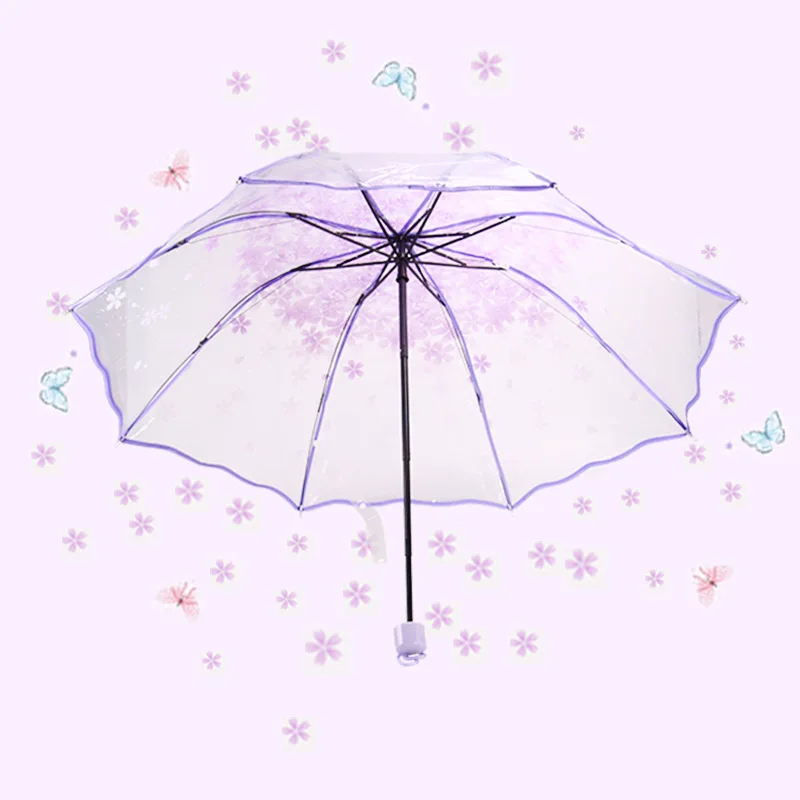 Manual Women's Transparent Clear Flowers Umbrella Anti-UV Sun Umbrella Cherry Blossom 3 Folding Umbrellas Rain Gear Parasol