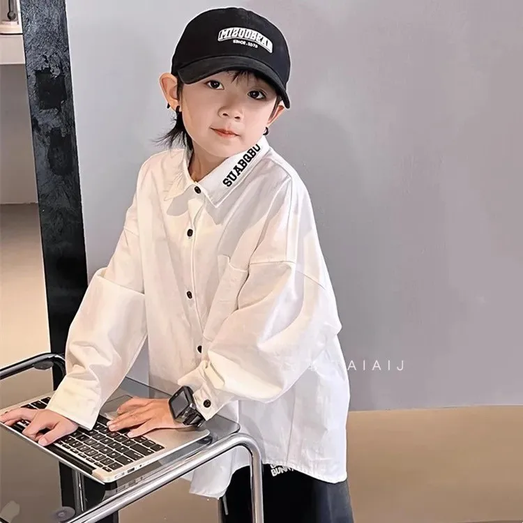 جديد 3-12 سنة ربيع الخريف الفتيان قميص بلون واحدة الصدر الوقوف طوق كم طويل قميص للأطفال الأطفال القطن قميص